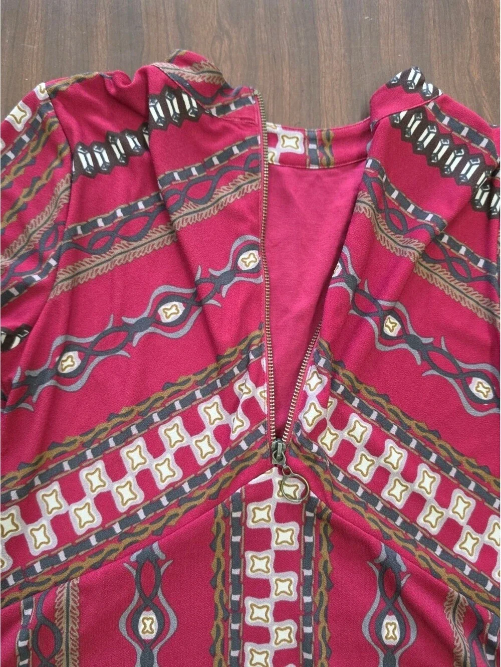 Free People M Mock Neck Long Sleeve Swing Dress Boho Geometric Print Red Black
